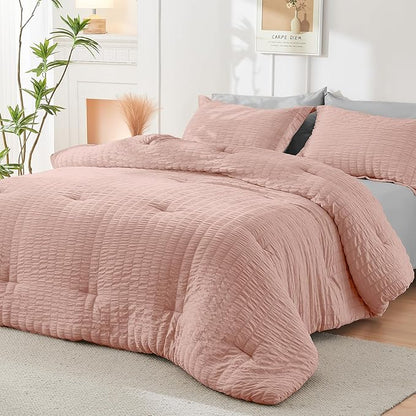 HYMOKEGE Rose Gold/Light Grey Twin XL Comforter Set Seersucker 5 Pieces, All Season Luxury Bed in a Bag for Bedroom, Bedding Set with Comforter, Sheets, Pillowcase & Sham