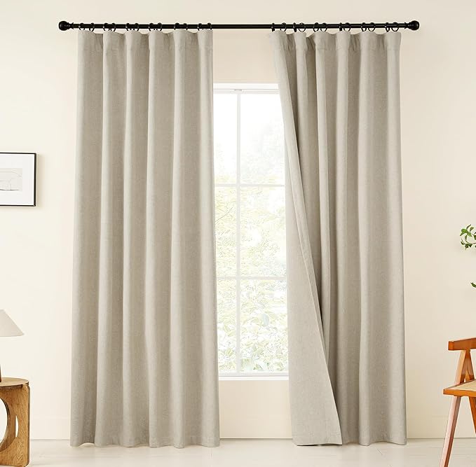 KangBang 100% Blackout Linen Curtains 90 Inches Long, Black Out Linen Curtains for Living Room 2 Panels, Back Tab/Rod Pocket/Hook Belt Thermal Insulated Drapes, Farmhouse Luxury Burlap Drapes, W52xL90