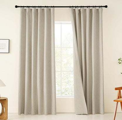 KangBang 100% Blackout Linen Curtains 90 Inches Long, Black Out Linen Curtains for Living Room 2 Panels, Back Tab/Rod Pocket/Hook Belt Thermal Insulated Drapes, Farmhouse Luxury Burlap Drapes, W52xL90