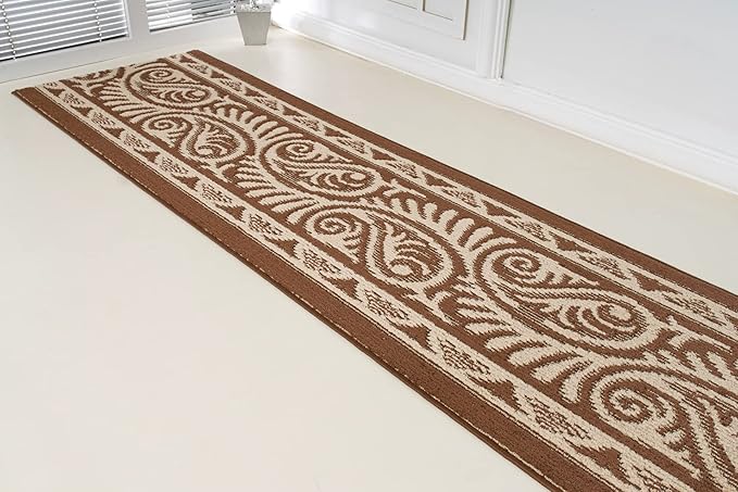 Custom Length Cut to Size Tribal Ethnic Southwestern Inspired Hallway Runner Rug, Non Slip Rubber Backed, 31 inch Wide X Customized Length, Mayan Brown, 31 inch X 13 feet