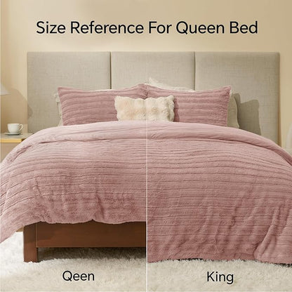 BEDELITE Fleece Queen Comforter Set -Super Soft & Warm Fluffy Pink Faux Fur Bedding, Luxury Fuzzy Heavy Bed Set for Winter with 2 Pillow Cases
