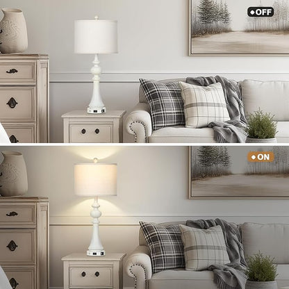 28" Farmhouse Lamps Set of 2, Vintage 3-Way Dimmable Touch Control Table Lamps with USB A+C Fast Ports & AC Outlets, Rustic Traditional Classic Bedside Nightstand Lamps for Living Room Bedroom White