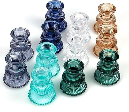 WDHODEC Christmas Taper Candle Holders 12PCS Glass Candlestick Holders for Table Centerpiece Colorful Candle Sticks for Wedding, Party and Winter Decoration(Blue&Green)