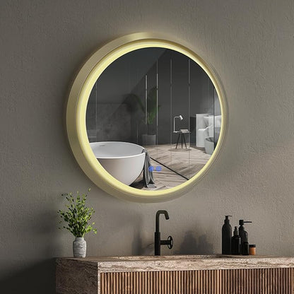 Round LED Bathroom Mirror with Lights, Front Lit Makeup Mirror, Anti-Fog, 3 Colors and Dimmable Light, 36 Inch Gold Frame