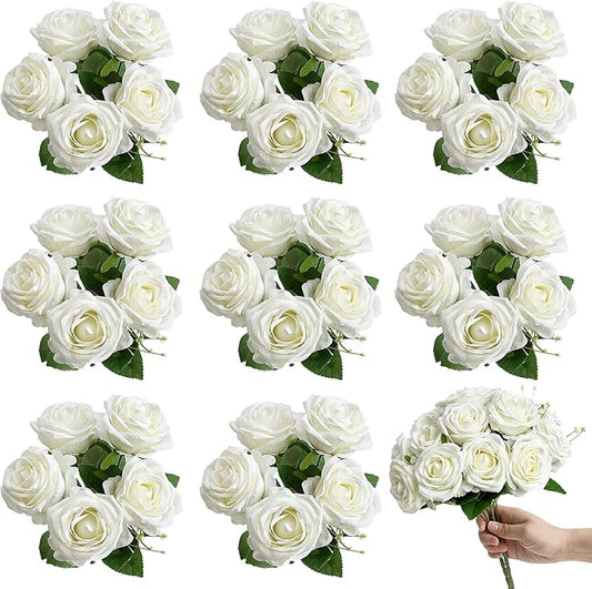 Artificial Roses Bouquets - 8 Bundles Fake Silk Flowers Realistic Faux Florals Bulk for Wedding Bridal Party Baby Shower Event Home Arrangements Centerpieces Decorations (White)