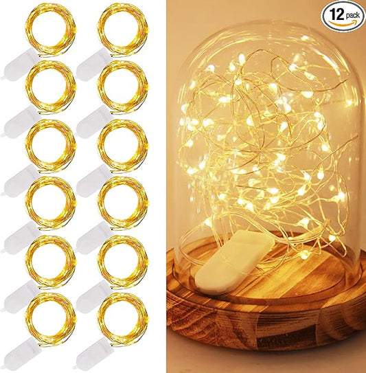 WATERGLIDE 12 Pack Fairy Lights Battery Operated (Included), 7 ft 20 LED Mini String Lights, Waterproof Silver Wire Firefly Starry Lights for DIY Wedding Christmas Party Mason Jars Decor, Warm White