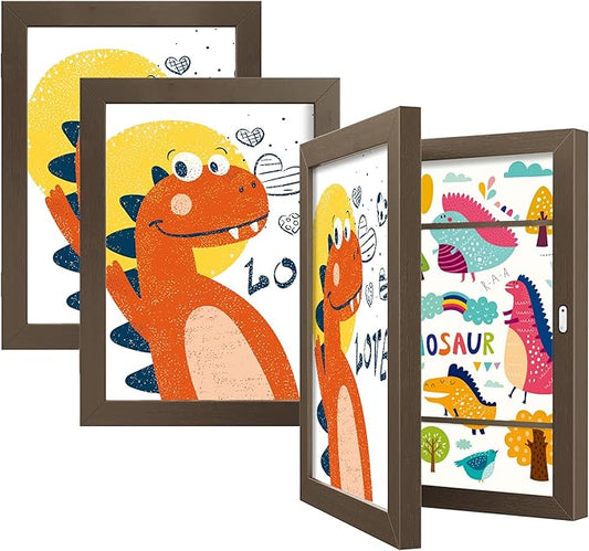 BAIJIALI Brown Art Frames for Kids Artwork - Front Opening Holds 150 Drawings, 3D Crafts - 3 Packs 8.5x11 with mat or 9x12 without Mat