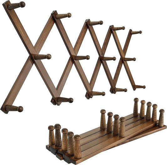 SKOLOO Hat Rack for Wall with 14 Hooks, Pack of 2, Solid Wooden, Modern, Expandable Coat Rack Wall Mount for Coats, Hats, Bags, Baseball Caps, Walnut Color