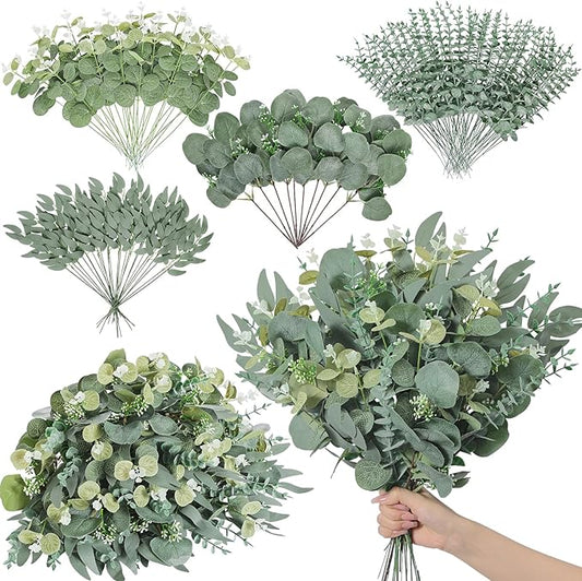 Serwalin 100pcs Artificial Mixed Eucalyptus Stems Leaveas Bulk, 4Kinds Fake Grennery Silver Dollar Eucalyptus Leaves Picks,Faux Greenry Stems Sprays for DIY Bouquets Floral Arrangement Home Decor