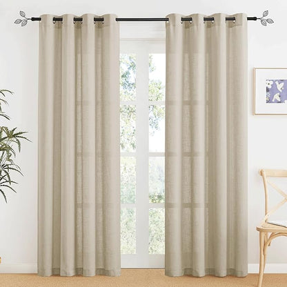 RYB HOME Beige Semi Sheer Curtains 90 inches Long, Grommet Easy Sliding Light Filtering Half Privacy Window Curtains & Drapes for Bedroom Living Room Farmhouse, W 52 x L 90 inches, 2 Pcs