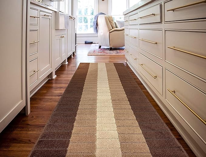 Custom Size Modern Geometric Pattern Carpet Runner Rug for Hallways, Slip Resistant Latex Rubber Backed, 31 inch Wide X Customized Length, Squares Brown, 31 inch X 24 feet