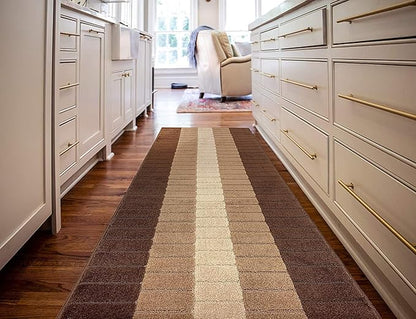Custom Size Modern Geometric Pattern Carpet Runner Rug for Hallways, Slip Resistant Latex Rubber Backed, 31 inch Wide X Customized Length, Squares Brown, 31 inch X 24 feet