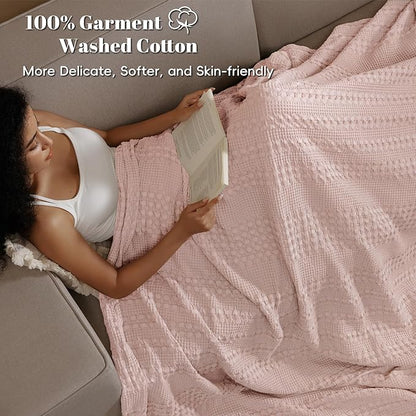 PHF 100% Cotton Waffle Weave Blanket Queen Size for Bed, Soft Lightweight & Breathable, All-Season Comfort, Luxury Aesthetic Woven Bedding for Home Decor, 90"x90", Pink/Mauve