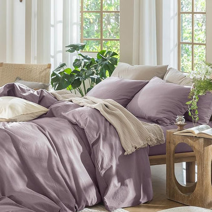 MooMee Bedding Duvet Cover Set 100% Washed Cotton Linen Like Textured Breathable Durable Soft Comfy (Solid Taro Purple, Full 80"x90")