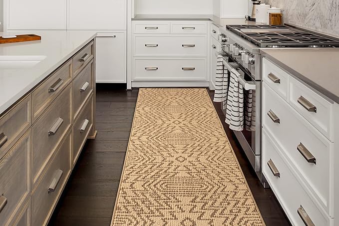 Custom Length Cut to Size Tribal Ethnic Southwestern Inspired Hallway Runner Rug, Non Slip Rubber Backed, 31 inch Wide X Customized Length, Inca Tan, 31 inch X 15 feet