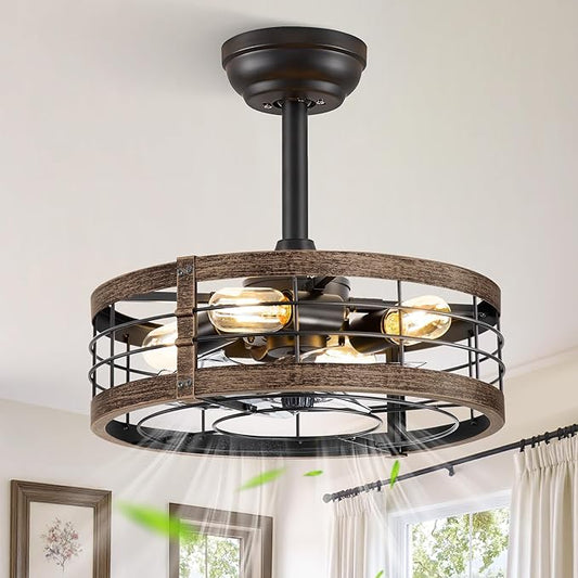 LEDIARY 16.5 Inch Caged Ceiling Fan with Light, Fandelier Farmhouse Ceiling Fan with Remote, Small Bladeless Fan Lights Ceiling Fixtures for Kitchen, Bedroom, Outdoor-Black and Gold