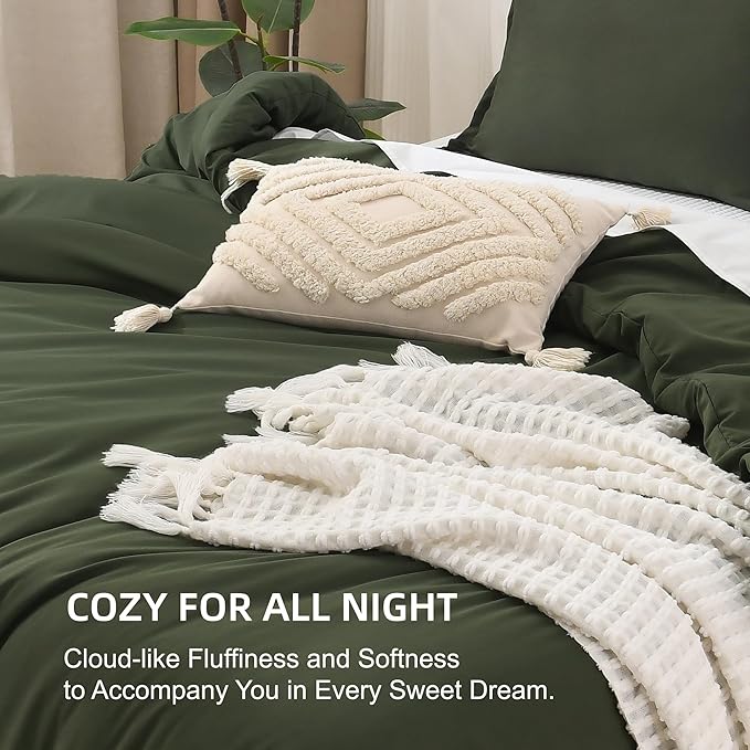 Litanika Dark Olive Green Twin/Twin XL Comforter Set, 2 Pieces Solid Bedding Comforter Set, All Season Fluffy Bed Set (66x90In Comforter & 1 Pillowcase)