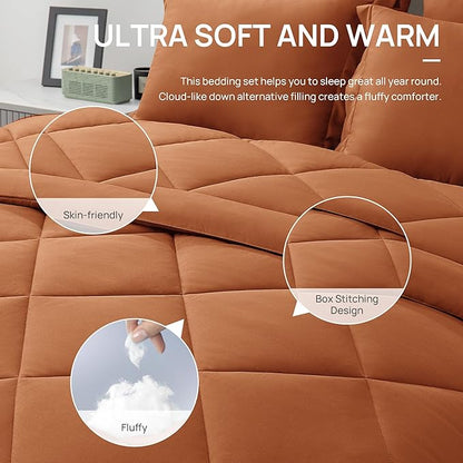 Love's cabin King Size Comforter Set Terracotta, 7 Pieces King Bed in a Bag, All Season Bedding Sets with 1 Comforter, 1 Flat Sheet, 1 Fitted Sheet, 2 Pillowcase and 2 Pillow Sham