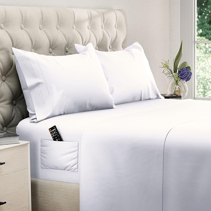 DREAMCARE California King Sheet Sets - Cooling Bed Sheets - 4pcs Set - up to 15" Deep Pocket Cal King Sheets - California King Sheets - Soft & Lasting 100% Brushed Polyester with Side Pocket - White