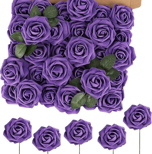 MACTING 60PCS Artificial Rose Flowers Real Touch Foam Flowers with Stem Fake Purple Roses for DIY Wedding Bouquet Table Centerpieces Party Holiday Home Indoor Outdoor Spring Mothers Day Decorations