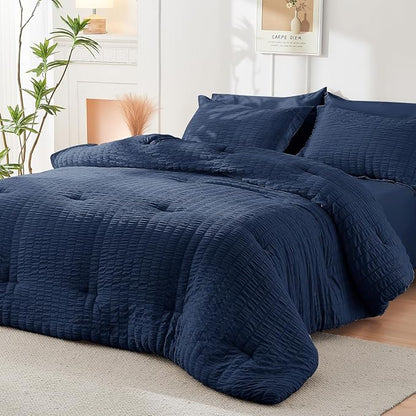 HYMOKEGE Navy Blue Queen Comforter Set Seersucker 7 Pieces, All Season Luxury Bed in a Bag for Bedroom, Bedding Set with Comforters, Sheets, Pillowcases & Shams