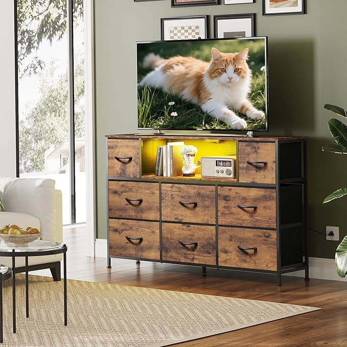 WLIVE TV Stand for 45, 50, 55 inch TV, Entertainment Center with LED Lights & Charging Station, TV Media Console Table with 8 Fabric Drawers and Open Shelves for Living Room, Hallway, Rustic Brown