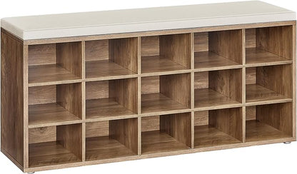 VASAGLE CUSTOS Collection - Shoe Bench, Storage Bench with Padded Seat, Entryway Bench with 15 Compartments, for Bedroom, 11.8 x 41.3 x 18.9 Inches, Honey Brown and Cappuccino Beige ULHS015K02