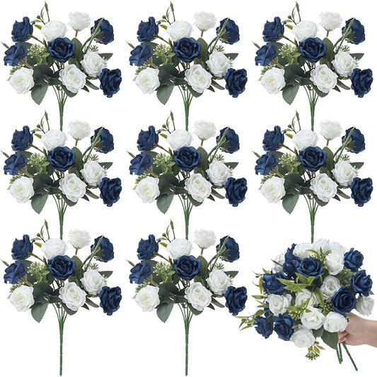 Zeyune 8 Pack 12 Inch Wedding Bouquets for Bride Bridesmaid Dark Blue and White Artificial Rose Bouquet Fake Silk Roses Flowers Bunches Bulk for Home Office Garden Parties Decoration