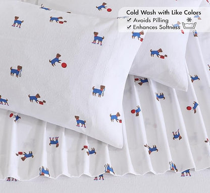 RUVANTI Flannel Sheets Full Size - 100% Cotton Double Brushed Bed Sheets Set, Deep Pockets 16 Inches, All Seasons Breathable & Extra Soft Full Sheets, Warm & Cozy, 4 Piece, Puppy Playoff