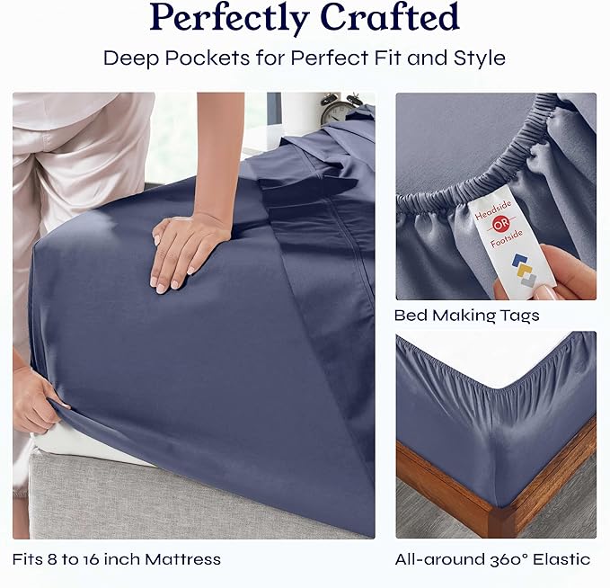 California Design Den 6-Pc Queen Size Sheet Set with 4 Pillowcases - 400 Thread Count 100% Cotton Sheets, Cooling Sateen Weave, Luxury Deep Pocket Bedsheets Set - Indigo Dusty Blue