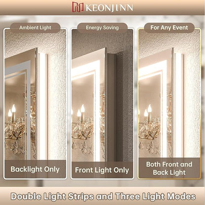 Keonjinn Bathroom LED Mirror 42 x 36 Inch Frontlit and Backlit, Stepless 3 Colors Temperature & Dimmable Tempered Glass Mirror, UL Listed LED Driver, Double LED Strips, Anti-Fog Lighted Vanity Mirror
