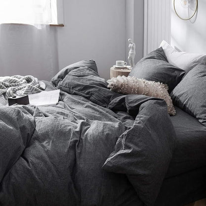 MooMee Bedding Duvet Cover Set 100% Washed Cotton Linen Like Textured Breathable Durable Soft Comfy (Heathered Dark Grey, Queen 90"x90")