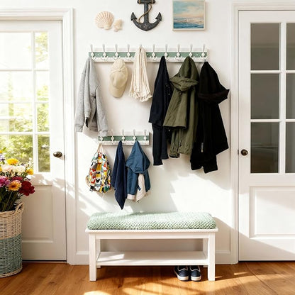 SKOLOO Coastal Wall Mounted Coat Rack - 17" Beach House Entryway Wooden Coat Hook with 5 Hooks for Hanging Coats, Hats or Towels, Oceanfront Cottage Core Collection, White & Green