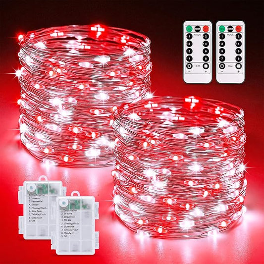 JMEXSUSS 2 Pack Red and White Fairy Lights Battery Operated, Total 200LED 66ft Red and White Christmas Lights with Remote, 8 Modes Battery Powered Twinkle Lights for Bedroom Christmas Tree Decor