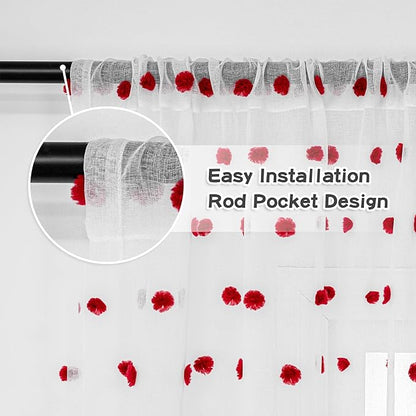MYSKY HOME Pom Pom Curtains for Girls Bedroom 63 Inch Long Red Nursery Curains for Kids Room Sheer Curtains for Christmas Living Room Playroom Rod Pocket Window Drapes 52" x 63" Set of 2