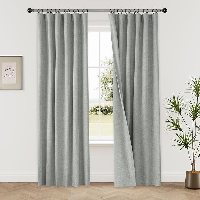 KangBang 100% Blackout Linen Curtains 90 Inches Long 2 PCs, Back Tab Rod Pocket Energy Saving Gray Curtains for Bedroom Dining Home Office, Thermal Insulated & Noise Reducing(Ash Fog Grey,52x90 Inch)