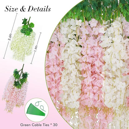 40 Pack White Pink Wisteria Hanging Flowers, Fake Flowers for Decoration, Artificial Hanging Flowers,Vines for Bedroom,Flower Garland for Home,Party,Garden, Wall,Wedding Decoration(3.6 Ft/Pcs)