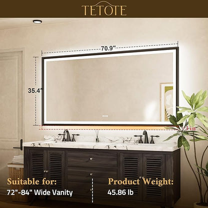 TETOTE 72x36 LED Mirror for Bathroom Black Metal Frame Frontlit & Backlit Lighted Vanity Mirror Baroque Gothic Anti Fog Stepless Dimmable White/Warm/Natural,CRI90+,Wall Mounted(Horizontal/Vertical)