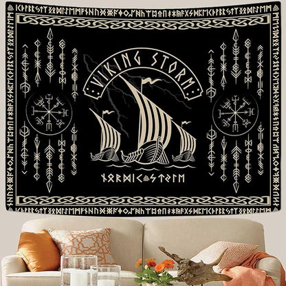 OSUNBD Viking Warship Tapestry Wall Hanging - Small 60x51inches Storm & Celtic Runes on Soft Flannel Aesthetic Mythology Tapestries Norse Mythology Art for Bedroom, Living Room Decor