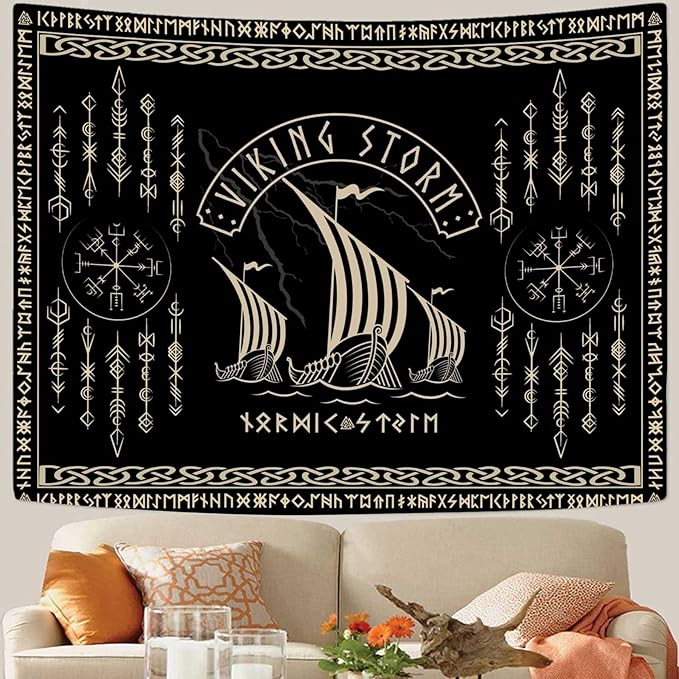 OSUNBD Viking Warship Tapestry Wall Hanging - Small 60x40inches Storm & Celtic Runes on Soft Flannel Aesthetic Mythology Tapestries Norse Mythology Art for Bedroom, Living Room Decor