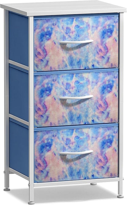 Sorbus Nightstand with 3 Drawers - Bedside Furniture & Accent End Table Chest for Home, Bedroom, Office, College Dorm, Steel Frame, Wood Top, Easy Pull Fabric Bins (3-Drawer, Pastel Tie-dye)