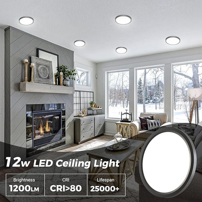 zemty LED Ceiling Light Fixture, 6.5-Inch 12W 1200lm Small Flush Mount Light, Adjustable 3000K 4000K 6500K Color Temperatures, Round Flat Recessed Lamp for Kitchen Closet Hallway Laundry, Black
