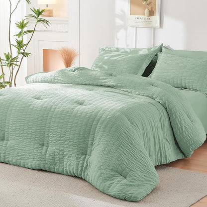 HYMOKEGE Sage Green Full Size Comforter Sets Seersucker 7 Pieces, All Season Luxury Bed in a Bag for Bedroom, Bedding Set with Comforters, Sheets, Pillowcases & Shams