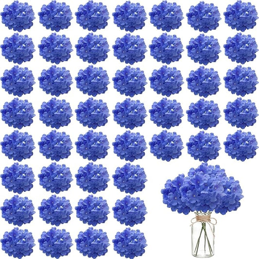 100PCS Artificial Hydrangea Flowers, Fake Flowers Silk Hydrangea Full Flowers Heads with Stems for Wedding Home Party Shop Baby Shower Decor (Bright Blue)