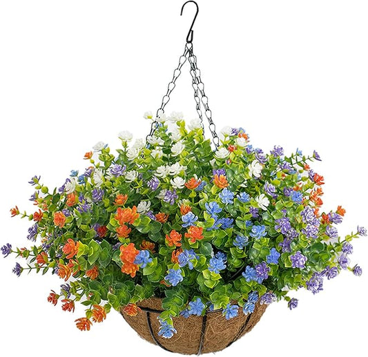 Artificial Hanging Flowers Basket for Outdoor, 16 Fake Flowers Look Real UV Resistant, Faux Hanging Plants for Porch, Balcony, Patio, Garden, Spring Summer Decor,MixA