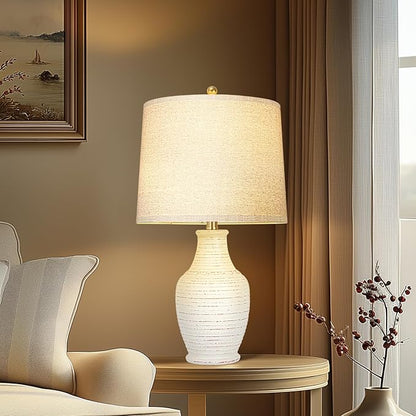 23" White Washed Ceramic Table Lamps Set of 2 with 3-Way Dimmable Bulb,Rotary Switch,Lamps for Living Room,Bedside Lamp with Linen Shade,Nightstand Lamps of 2 for Living Room Bedroom(Bulb Included)
