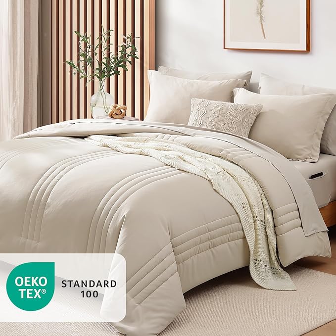 Monbix Queen Comforter Set - 7 Pieces Beige Bed in a Bag Queen Bedding Sets with Comforters, All Seasons Comforter Bed Set with Sheets,Pillowcases & Shams