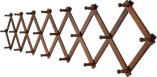 SKOLOO Accordion Wall Hanger with 22 Hooks, Modern Expandable Coat Rack Hat Rack for Wall, Solid Wooden, Walnut Color