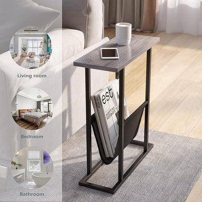 Yusong Small Narrow Side Table for Small Spaces, 17.7" W Slim End Table Magazine Table Nightstand with Storage Holder, Accent Skinny Snack Couch Bedside Table, Grey, Complete Iron Pipes