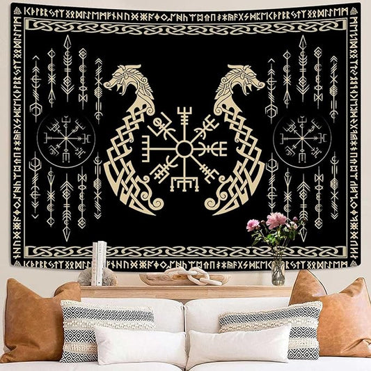 OSUNBD Nordic Vikings Tapestry, Large 9371 inches Soft Flannel, Vegvsir Symbol Twins Dragons Celtic Rune Scandinavian Aesthetic Mythology Tapestry Wall Hanging for Bedroom Living Room Decor